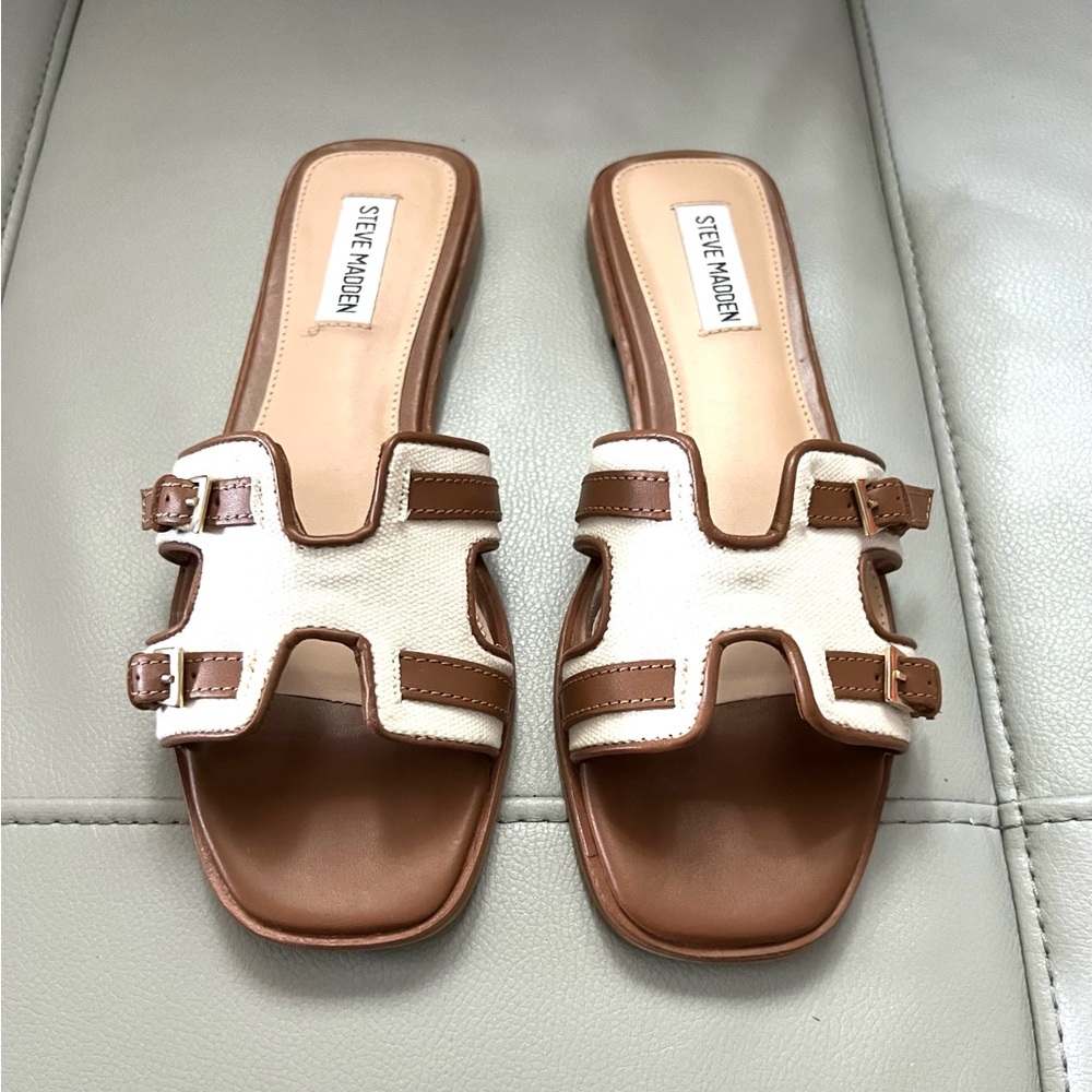 Steve Madden Brown and Cream Buckle Slide Sandals